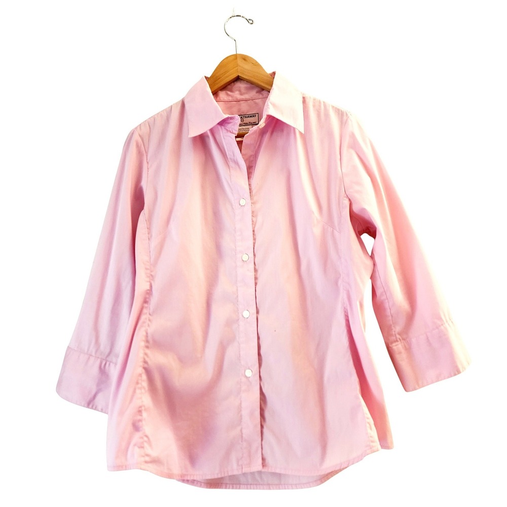 Lady Hathaway Pink Button Down Shirt L 3/4 Sleeve Tailored Preppy 90s Minimalist